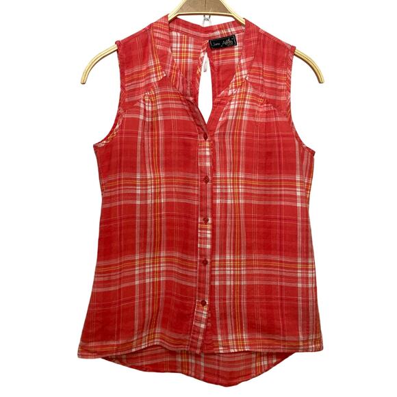 Jane Ashley Western Coral Red White Plaid Sleeveless Button Down Tank Top - Picture 1 of 7